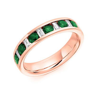 Round Brilliant Emerald & Baguette Cut Diamond Half Eternity Ring