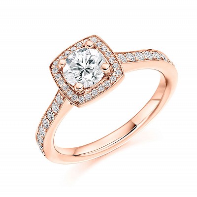 Round Brilliant Diamond Solitaire with Diamond Halo & Shoulders