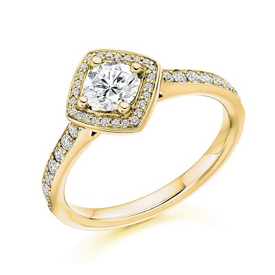 Round Brilliant Diamond Solitaire with Diamond Halo & Shoulders