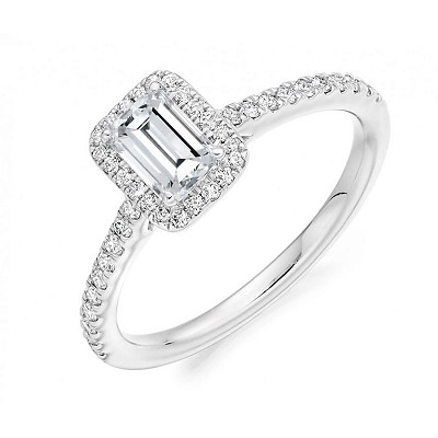 Emerald Cut Diamond Solitaire with Diamond Halo & Shoulders